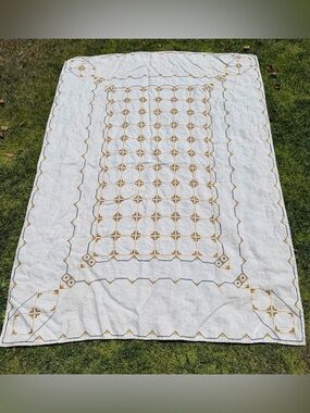 VTG Traditional Geometric Folk Cross Stitch Linen Tablecloth Black Yellow 47x64